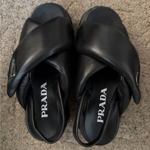 Prada Black Criss-Cross Leather Slides